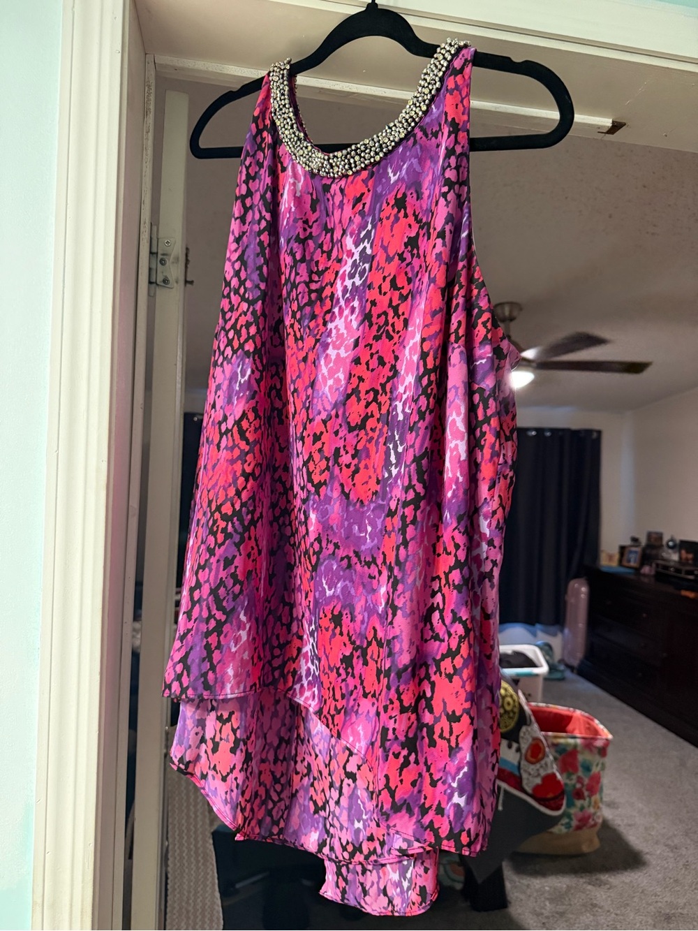 Jennifer Lopez Pink & Purple Printed High-Low Shirt with Beaded Neckline